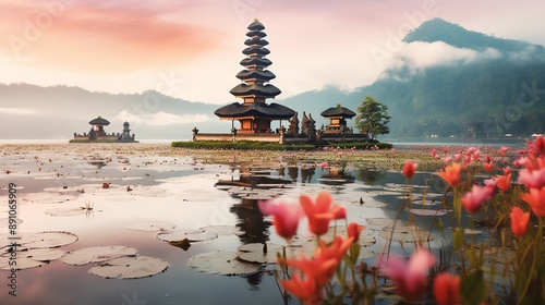 Ancient pura ulun danu bratan, besakih or famous hindu temple and tourist in bali island at sunrise