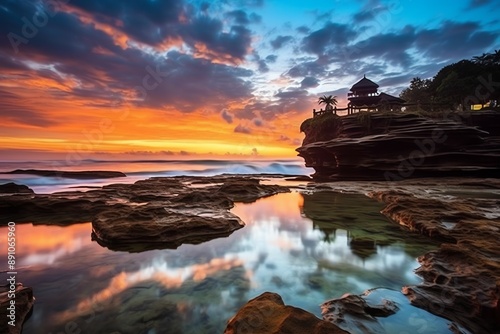 Ancient pura ulun danu bratan, besakih or famous hindu temple and tourist in bali island at sunrise photo