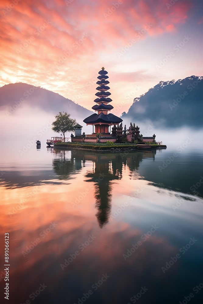 Ancient pura ulun danu bratan, besakih or famous hindu temple and tourist in bali island at sunrise Ancient pura ulun danu bratan, besakih or famous hindu temple and tourist in bali island at sunrise