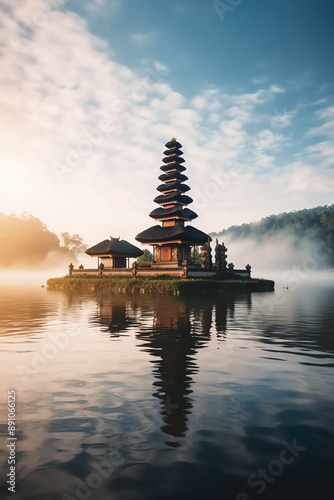 Ancient pura ulun danu bratan, besakih or famous hindu temple and tourist in bali island at sunrise