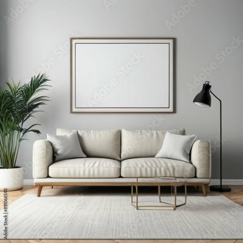 Modern living room interior with beige sofa, gold coffee table, black lamp, and potted plant under blank picture frame on gray wall