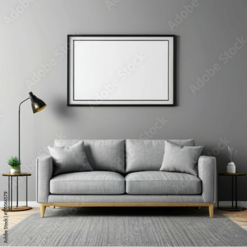 Modern living room interior with gray couch, side tables, and blank picture frame on gray wall