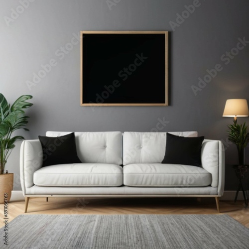 Modern living room interior with white couch, black pillows, and blank picture frame for mockup or advertisement, isolated on white background not present