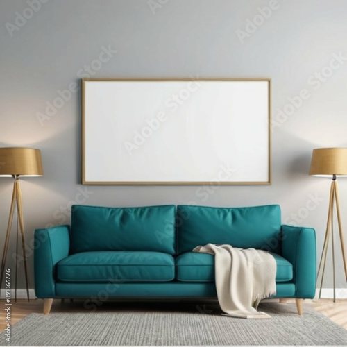 Teal sofa with throw blanket, gold lamps, and blank picture frame on gray wall for living room mockup or interior design template