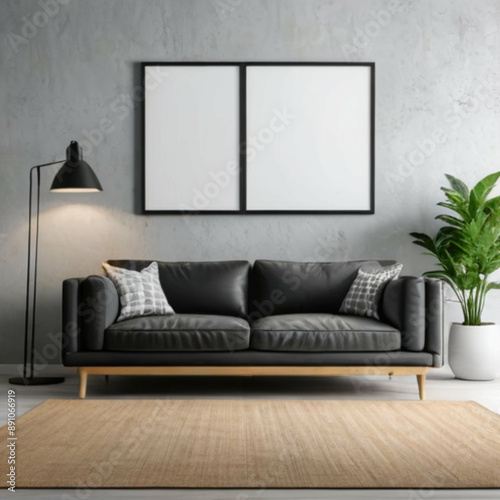 Modern living room interior with gray sofa, floor lamp, plant, and blank poster frame for mockup or advertising