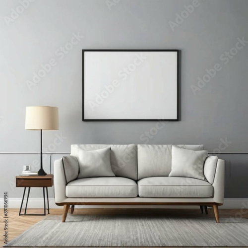 Modern living room interior with empty picture frame on gray wall for mockup or advertisement, sofa and side table