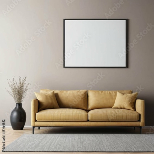 Living room interior with mustard yellow sofa, black vase with dried flowers, and empty picture frame on gray wall for mockup or interior design presentation