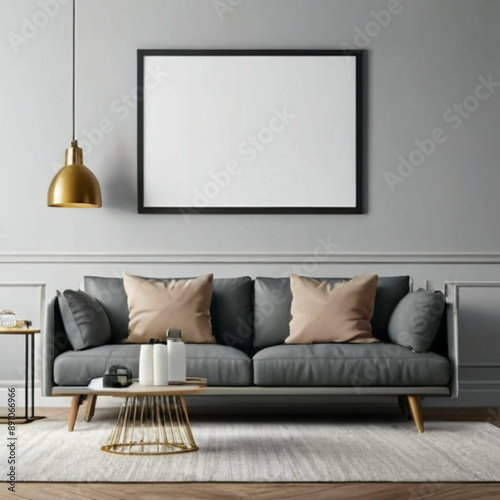 Living room interior with gray sofa, gold lamp, and blank poster frame for mockup or advertisement, modern home decor