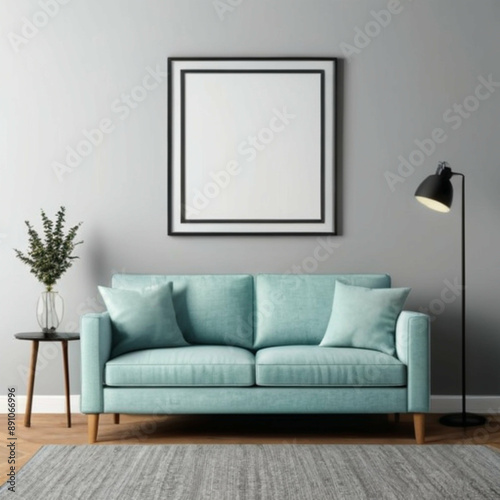 Living room interior with teal sofa, wooden side table, floor lamp, and blank picture frame for mockup or advertising