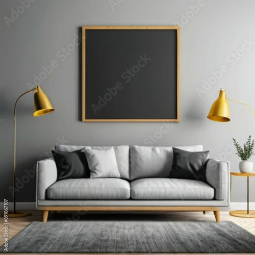 Living room interior with gray sofa, wooden frame mockup on wall, gold lamps, and plant on side table for home decor or furniture advertisement
