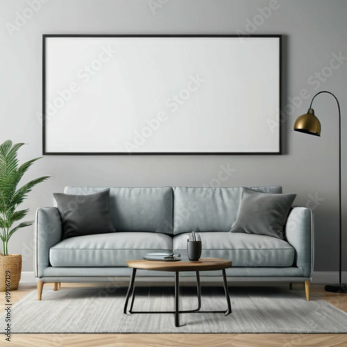 Living room interior with gray sofa, wooden coffee table, and large blank poster frame on wall for mockup or advertising