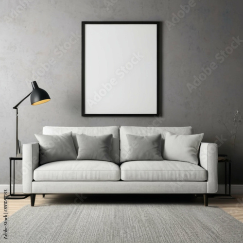 Modern living room interior with empty white poster frame on gray wall for mockup, sofa and lamp, Isolated on transparent background, png
