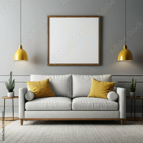 Living room interior with white leather sofa, yellow pillows and pendant lights, blank picture frame on wall for mockup or advertisement
