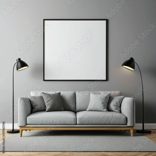 Blank poster frame on gray wall above sofa with wooden legs and two black lamps, for mockup or advertising