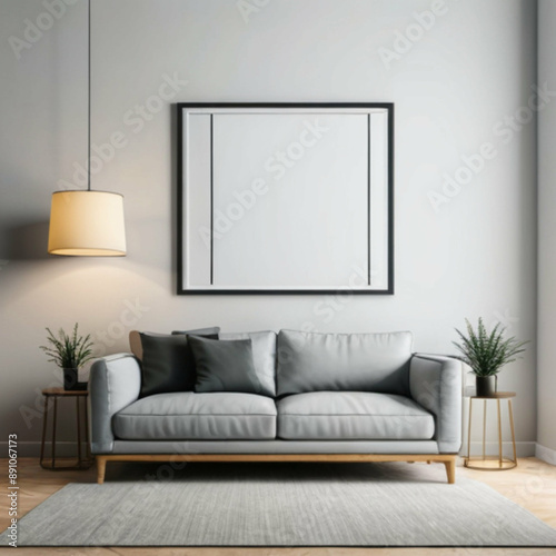 Modern living room interior with gray sofa, gold side tables, and blank picture frame for mockup or advertisement