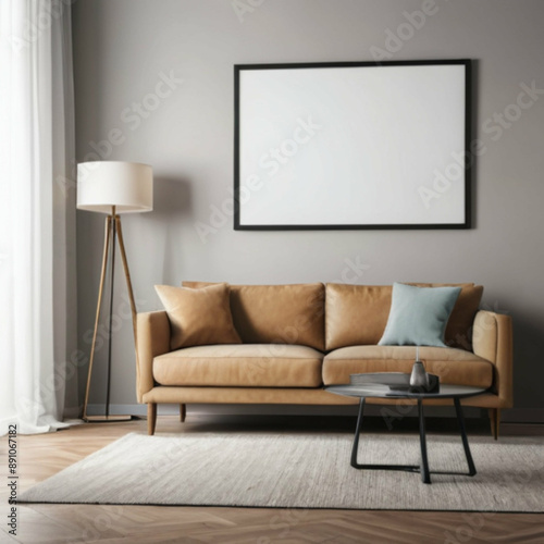 Living room interior with beige sofa, coffee table, floor lamp, and blank poster frame on gray wall for mockup or website background
