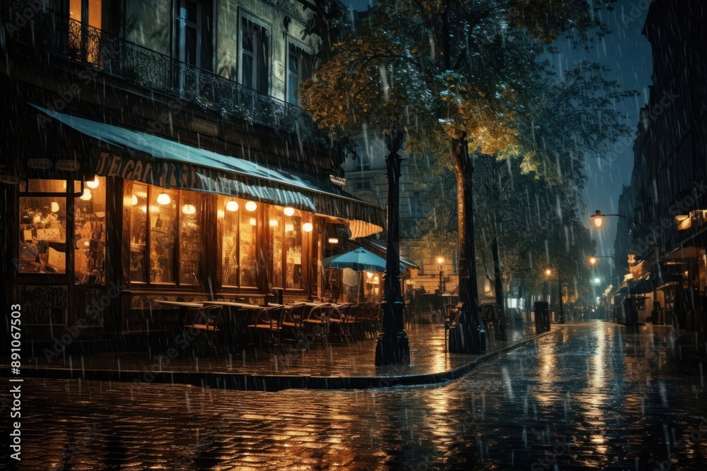 Fototapeta premium A rain storm night illuminated street light.