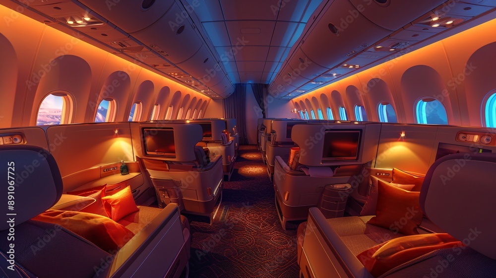Luxurious business class airplane interior. Luxurious business class airplane interior.