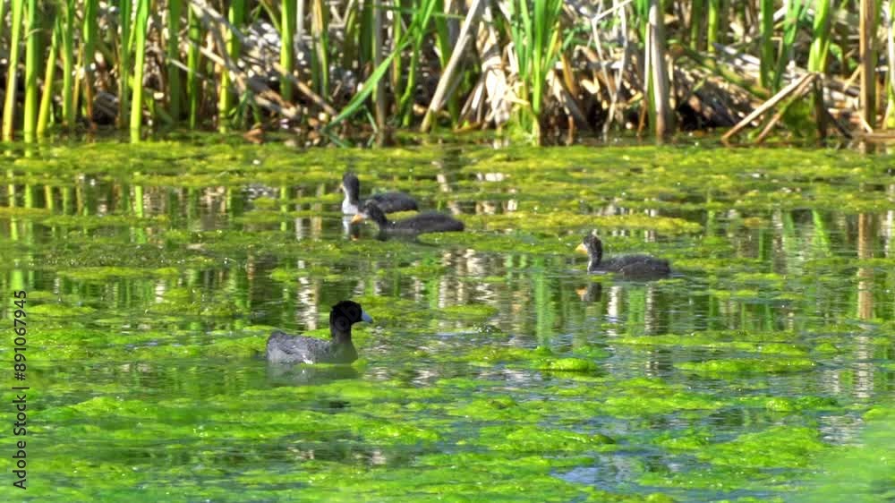 A mesmerizing slow-motion video series capturing the life of American Coot families on a picturesque Canadian lake during the summer season A mesmerizing slow-motion video series capturing the life of American Coot families on a picturesque Canadian lake during the summer season