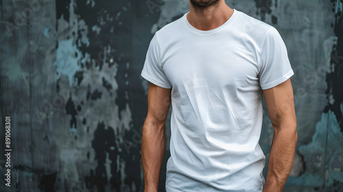 Men's White Short Sleeve Round Neck T-Shirt Mockup It is a useful tool for clothing designers to help visualize T-shirts before actual production Save time and money and makes it easier to decide.
