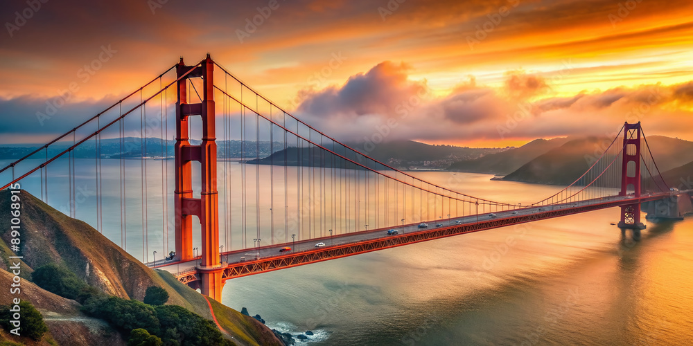 Fototapeta premium Iconic suspension bridge spanning the Bay, majestic orange towers rising against a clear blue sky, with misty hills and calm waters in the background.