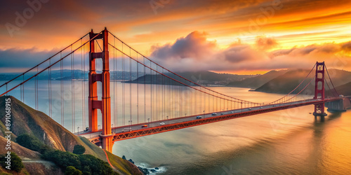 Iconic suspension bridge spanning the Bay, majestic orange towers rising against a clear blue sky, with misty hills and calm waters in the background.