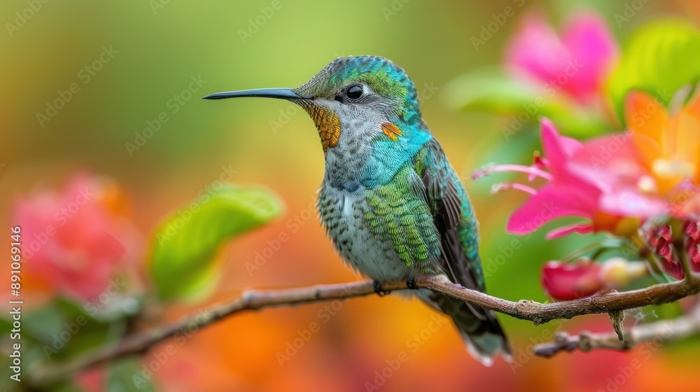 Naklejka premium Perched Long-Tailed Sylph Hummingbird with Forked Tail on Branch