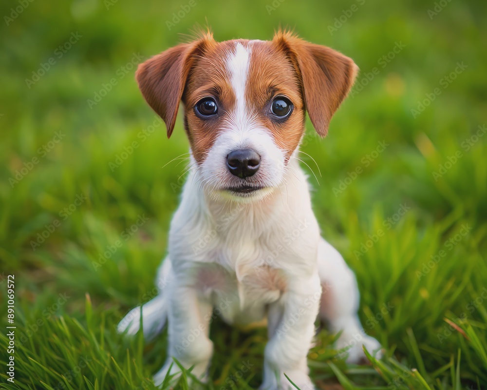 Adorable small fluffy white and brown jack russell terrier puppy sitting alone on green grass, looking up with big brown curious eyes and wagging tail. Adorable small fluffy white and brown jack russell terrier puppy sitting alone on green grass, looking up with big brown curious eyes and wagging tail.
