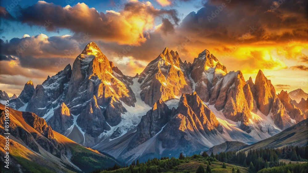 Breathtaking serene mountain landscape with majestic peaks touching the sky, sunrise casting a warm golden glow on the rugged terrain. Breathtaking serene mountain landscape with majestic peaks touching the sky, sunrise casting a warm golden glow on the rugged terrain.