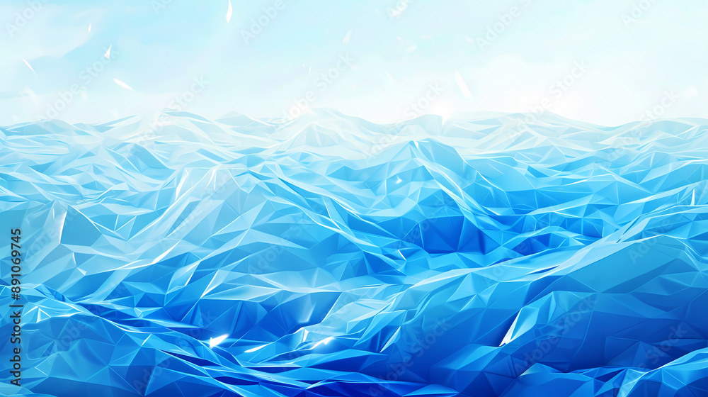 Abstract low-poly patterned ocean waves reflecting blue and white hues under a bright sky. Abstract low-poly patterned ocean waves reflecting blue and white hues under a bright sky.