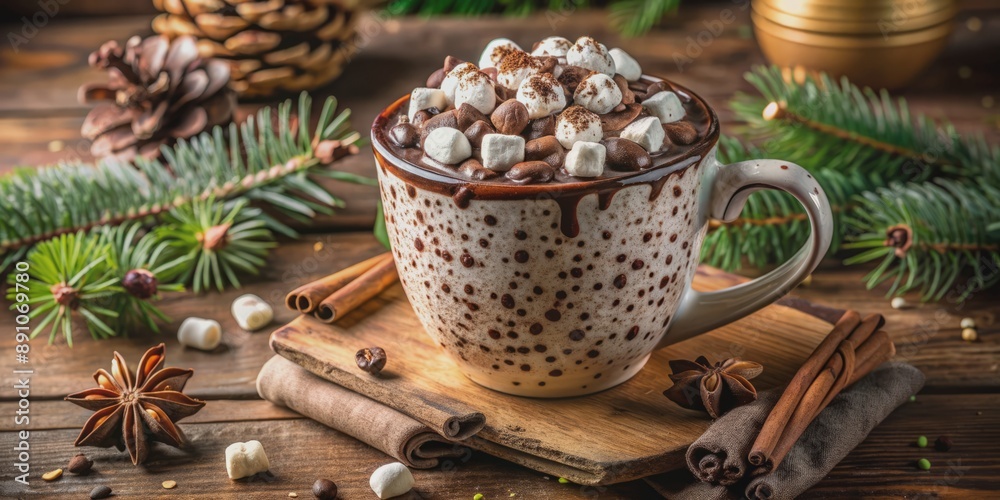 Richly textured hot chocolate overflowing with fluffy marshmallows, sprinkled with chocolate chips, in a festive holiday mug on a rustic wooden table setting. Richly textured hot chocolate overflowing with fluffy marshmallows, sprinkled with chocolate chips, in a festive holiday mug on a rustic wooden table setting.