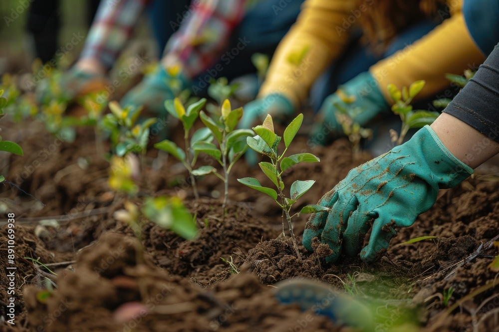 Volunteer group of people are planting trees in a field Volunteer group of people are planting trees in a field