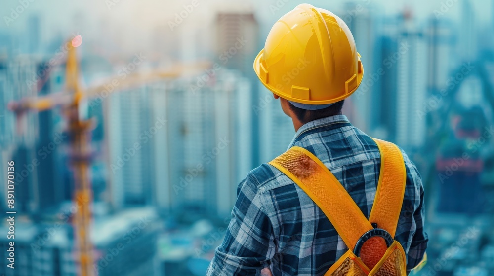 A construction worker wearing a yellow helmet and vest stands on a building site looking out over the city A construction worker wearing a yellow helmet and vest stands on a building site looking out over the city
