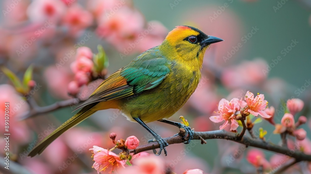 Colorful Male Golden Fronted Leafbird Perched on Wild Himalayan Cherry Branch Colorful Male Golden Fronted Leafbird Perched on Wild Himalayan Cherry Branch