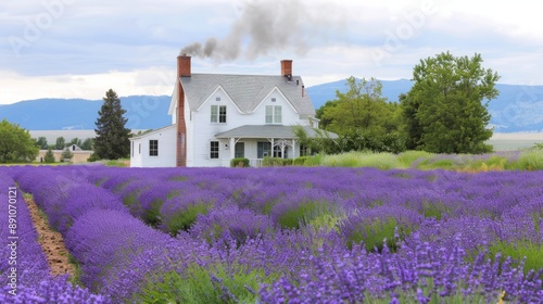 Lavender Field with Rustic Farmhouse A picturesque scene of a traditional farmhouse set amidst a vast lavender field. Bright purple flowers stretch to the horizon.