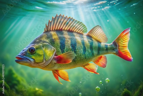 A large, vibrant freshwater perch floats in the water, its iridescent scales glimmering against a bright green background, forming a stunning fishing trophy display. © Caitlin