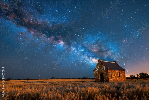 A small house is in the middle of a field of tall grass