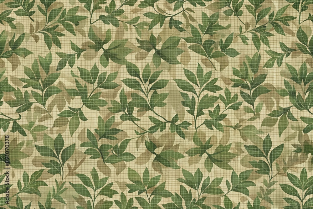 Muted green and beige camouflage fabric texture with intricate pattern of leaves and branches on a subtle grid background, perfect for military and outdoor themes. Muted green and beige camouflage fabric texture with intricate pattern of leaves and branches on a subtle grid background, perfect for military and outdoor themes.