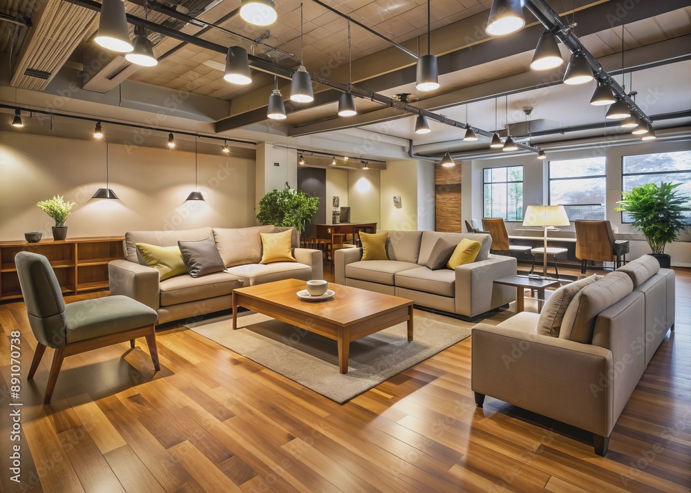 Attractive empty furniture store interior with modern sofas, armchairs, and coffee tables on display, awaiting customers, with warm softbox lighting and wooden floors. Attractive empty furniture store interior with modern sofas, armchairs, and coffee tables on display, awaiting customers, with warm softbox lighting and wooden floors.