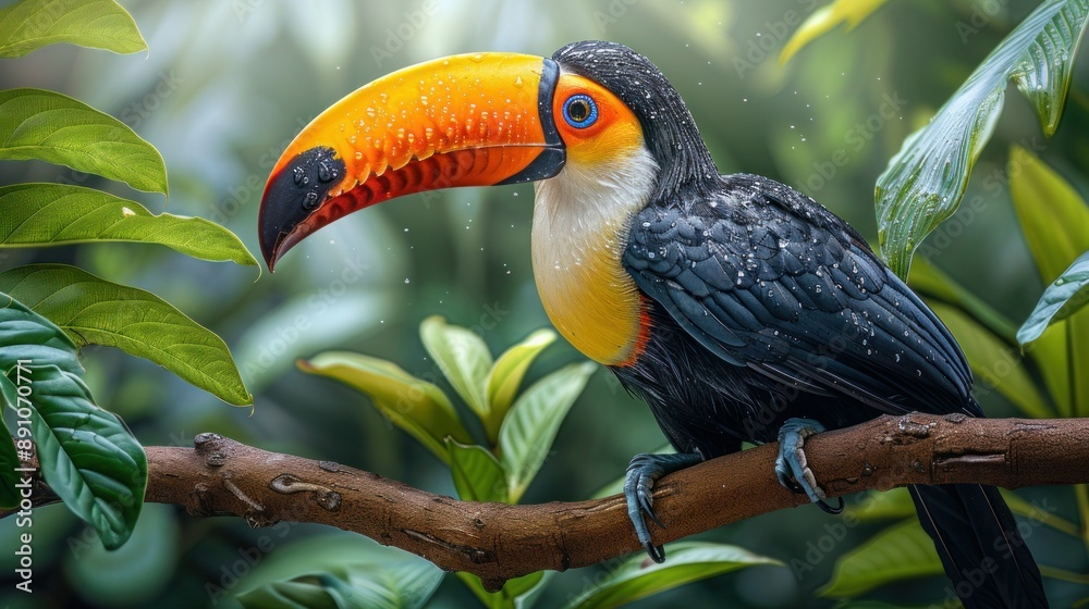 Naklejka premium Tropical Beauty: Toucan Perched on Tree Branch.