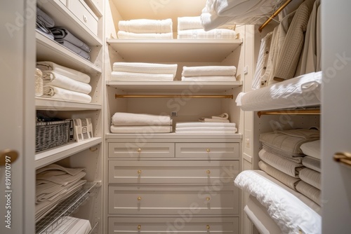 A white closet with shelves and baskets full of clothes and other items photo