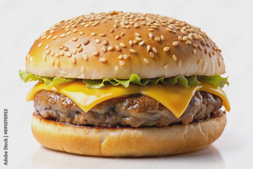 Juicy beef patty sandwiched between a soft sesame seed bun, topped with a melted slice of golden cheese, against a clean white background. Juicy beef patty sandwiched between a soft sesame seed bun, topped with a melted slice of golden cheese, against a clean white background.