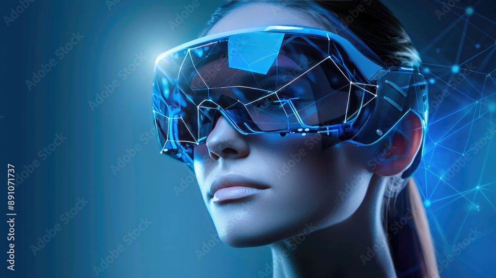 Person wearing futuristic VR headset in digital setting Person wearing futuristic VR headset in digital setting