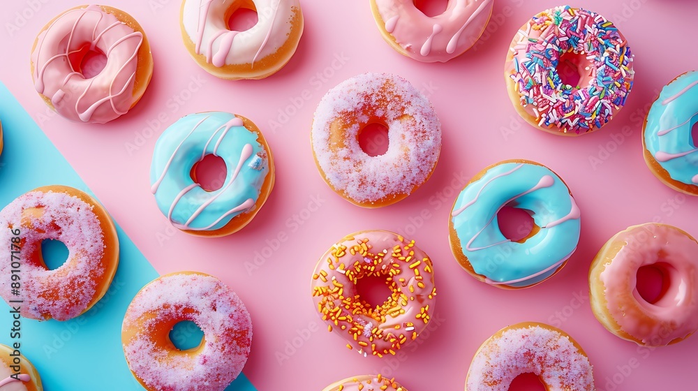 Group of colourful glazed doughnuts lies on pink and blue background Group of colourful glazed doughnuts lies on pink and blue background
