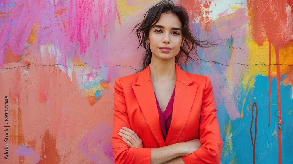 Stylish Woman in Red Blazer Posing Against Colorful Graffiti Wall Stylish Woman in Red Blazer Posing Against Colorful Graffiti Wall