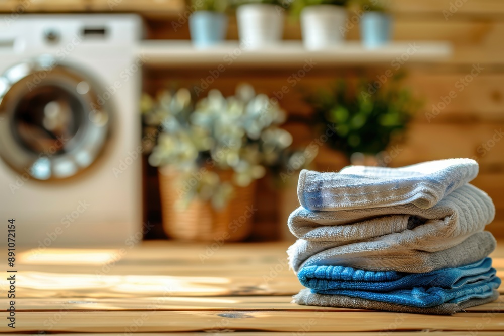 A stack of towels on a wooden table