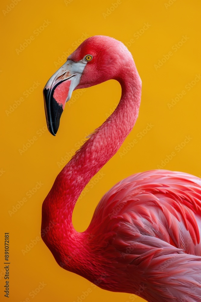 Fototapeta premium A flamingo is standing on a yellow background
