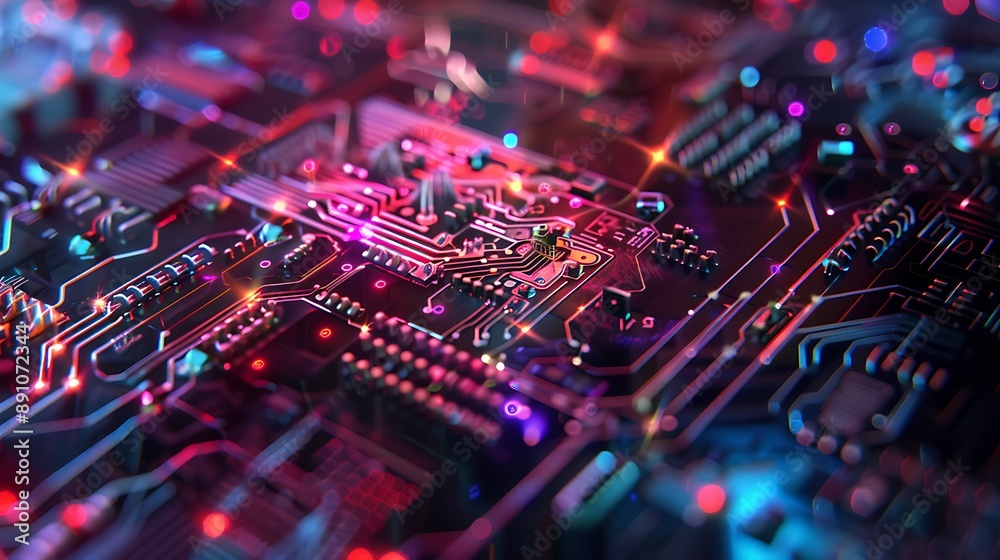 Detailed close-up of a quantum computing chip showcasing shimmering quantum bits and complex circuits in a realistic 4K resolution with a blurred high-tech lab background Detailed close-up of a quantum computing chip showcasing shimmering quantum bits and complex circuits in a realistic 4K resolution with a blurred high-tech lab background