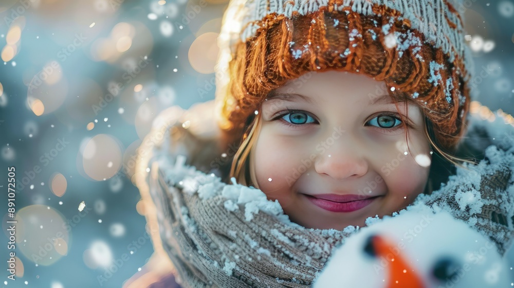 Smiling Child in Winter Attire with Snowflakes and Snowman in Magical Snowy Scene Smiling Child in Winter Attire with Snowflakes and Snowman in Magical Snowy Scene