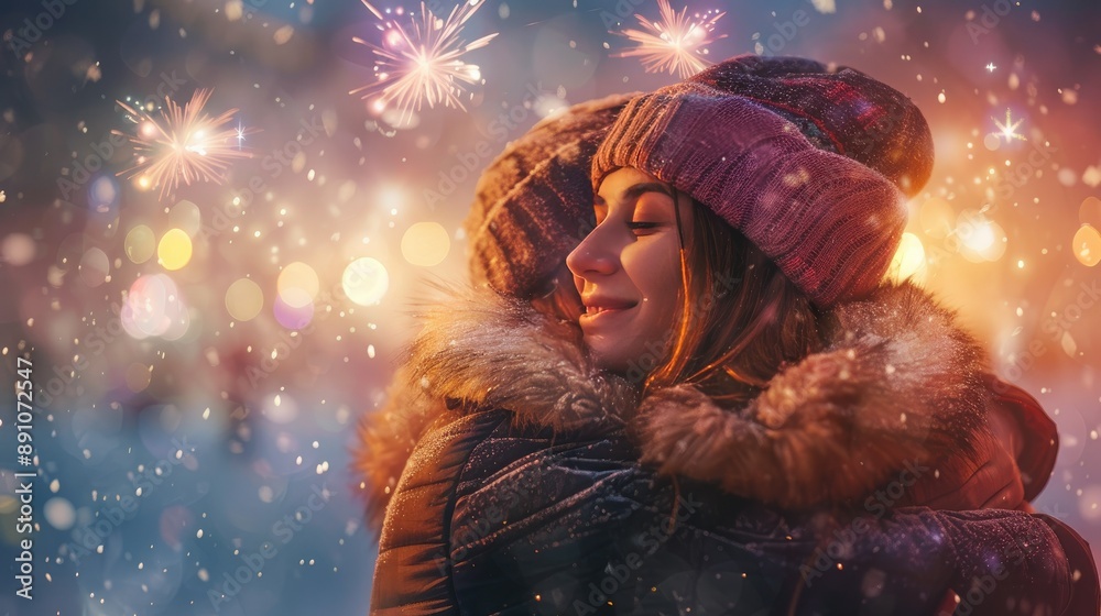 Couple Embracing in Winter Wonderland with Festive Fireworks and Bokeh Lights Couple Embracing in Winter Wonderland with Festive Fireworks and Bokeh Lights